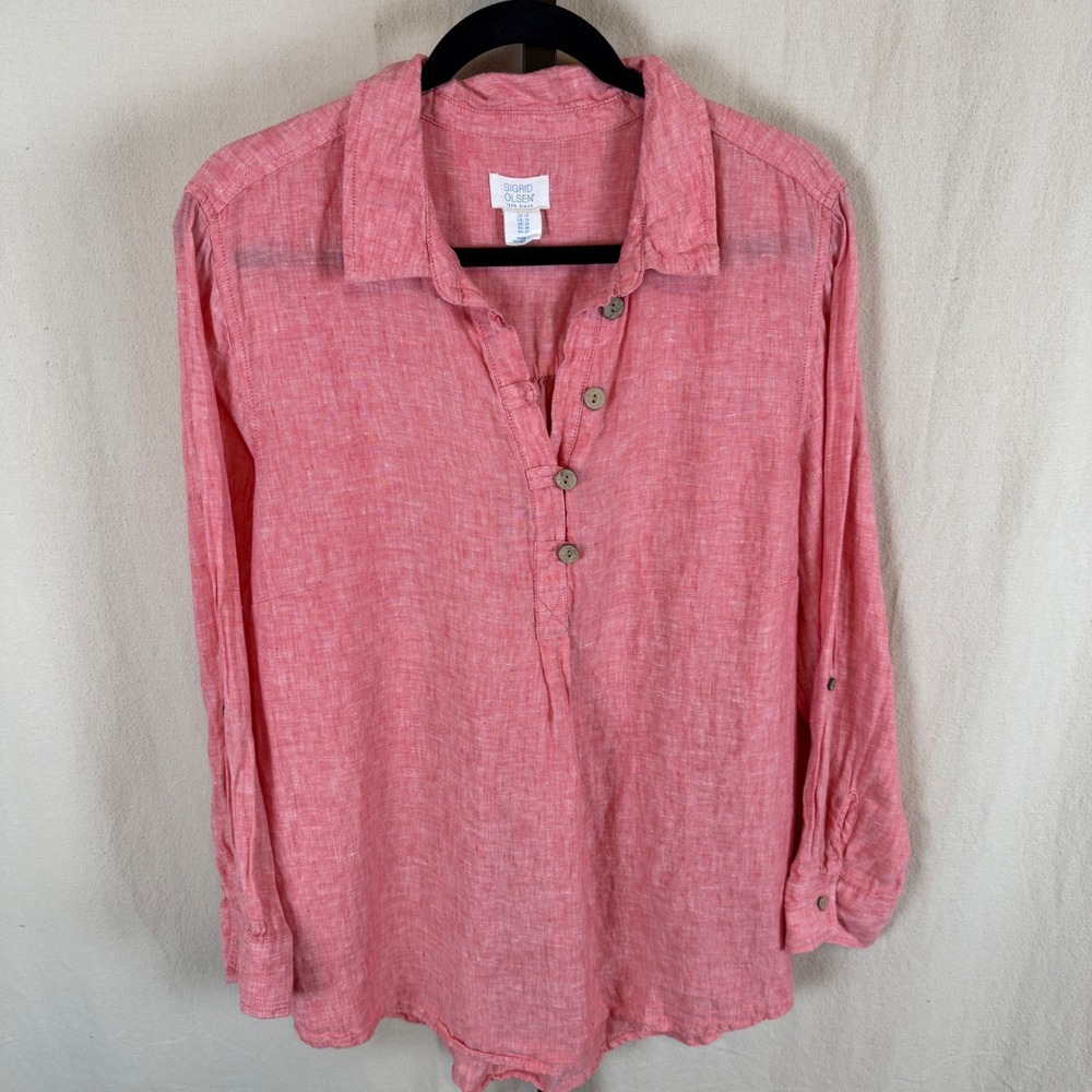 Sigrid Olsen Women 1X Coral Pink 100% Linen Henley Tunic Roll Tab Sleeve Top